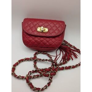 Vtg Mini Red Quilted Leather Shoulder Crossbody Bag Turnlock Walborg Chain Gold